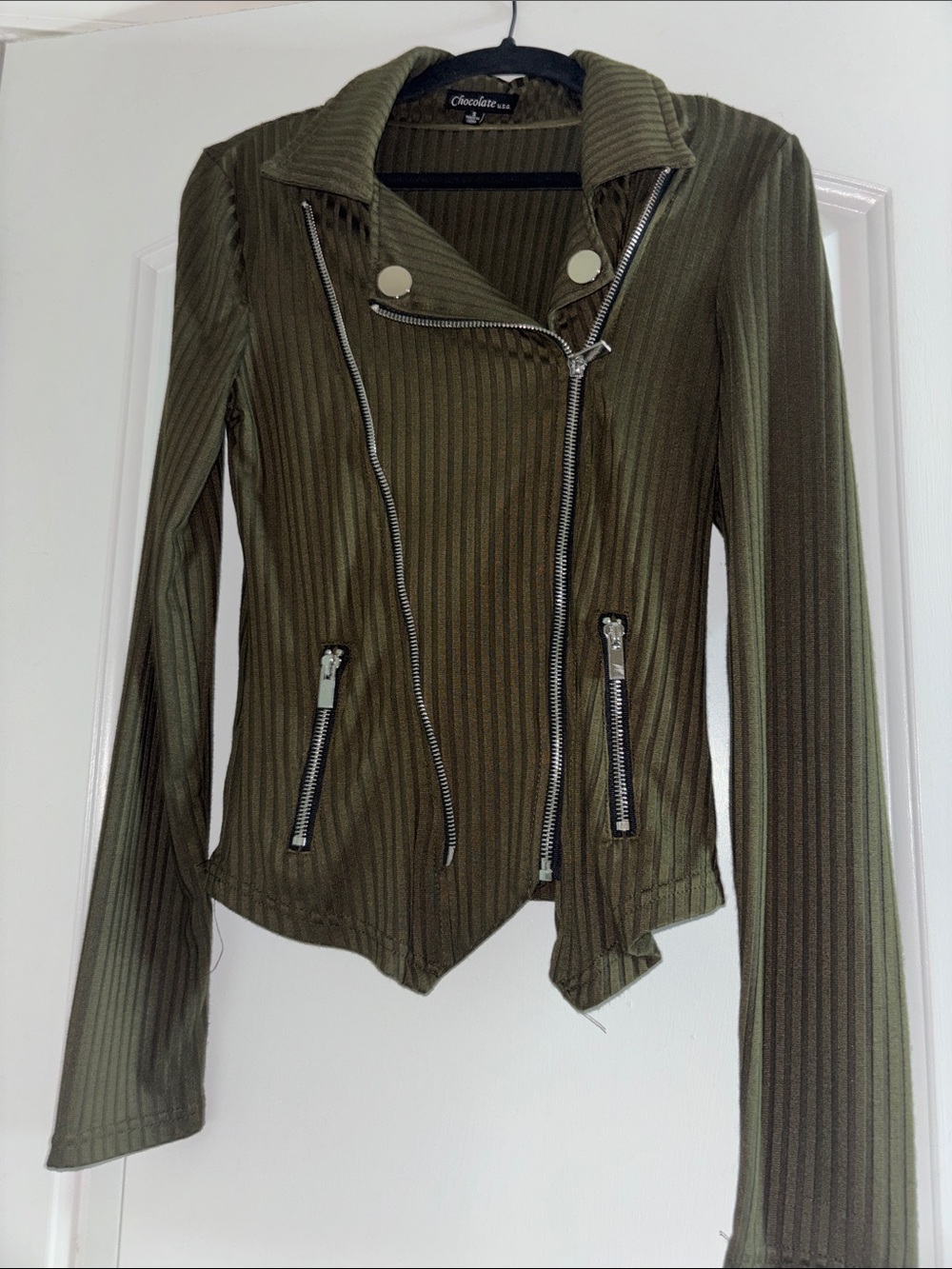 Olive Green Ribbed Moto Jacket